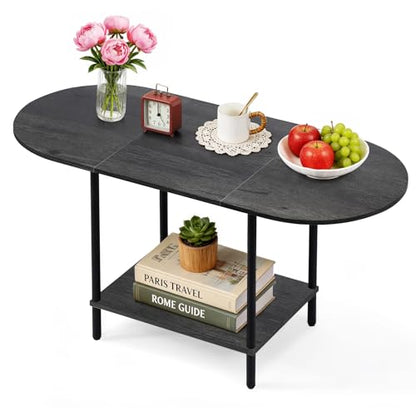 Small Coffee Table,35.4'' Oval Coffee Table with Storage Shelf & Metal Frame,Low Cocktail Tea Accent Table for Apartment,Modern Mid Century Small Living Room Table,Dark Gray - color: Dark Gray