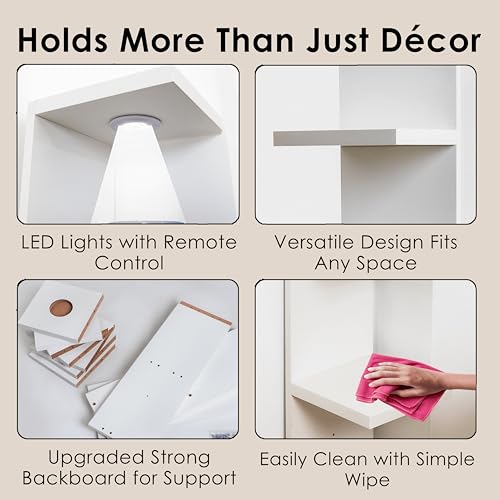 home stuff Lack Wall Shelf Unit with Extra Strong Backboard, Versatile 7 Tier Shelf Unit, White Lack Wall Shelf, Display Floating Shelf with LED Remote Control Light (White) - color: White