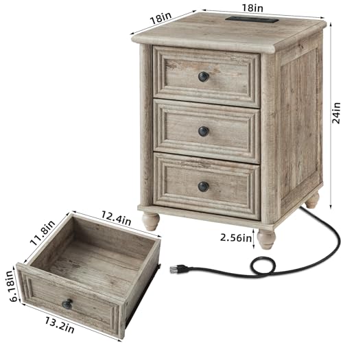 RWYHG 18" Night Stand with Charger Station, Nightstand with 3 Drawers | Farmhouse Modern Bedside Table, Metal Handle, Roman Column Legs, Grey Bed Side End Tables for Bedroom Living Room - color: Gray Oak, size: 18"D x 18"W x 24"H (3 Drawers)