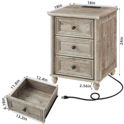RWYHG 18" Night Stand with Charger Station, Nightstand with 3 Drawers | Farmhouse Modern Bedside Table, Metal Handle, Roman Column Legs, Grey Bed Side End Tables for Bedroom Living Room - color: Gray Oak, size: 18"D x 18"W x 24"H (3 Drawers)