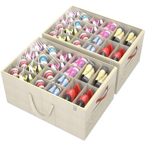 Aokeyee 2 Pack Shoe Organizer for Closet, Large Shoe Storage Box, Beige | Fits up to 48 Pairs, Stackable, Space Saving, Foldable, Shoes Organizer Bin with Clear Cover, 4 Reinforced Handles - color: Beige, size: Fits up to 48 Pairs