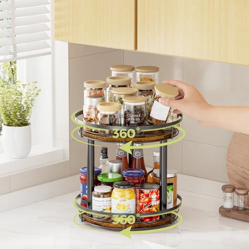 LAMU 10'' Wood Lazy Susan Spice Rack Organizer, 2 Tier Spice Organization for Cabinet, Countertop, Kitchen, Table Top, Pantry, Condiment and Seasoning Rack Organizer - size: 2 Tier 10 in