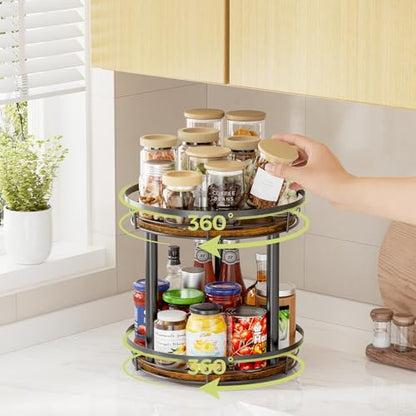 LAMU 10'' Wood Lazy Susan Spice Rack Organizer, 2 Tier Spice Organization for Cabinet, Countertop, Kitchen, Table Top, Pantry, Condiment and Seasoning Rack Organizer - size: 2 Tier 10 in
