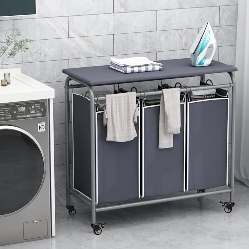 LINZINAR 3-Bag Laundry Hamper with Ironing Board, Grey 135L Laundry Sorter | Laundry Room Organization with Heavy Duty Rolling Lockable Wheels and Removable Bag, Bedroom Laundry Cart for Clothes Storage - size: 3 Bags Grey with Board