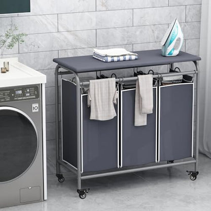 LINZINAR 3-Bag Laundry Hamper with Ironing Board, Grey 135L Laundry Sorter | Laundry Room Organization with Heavy Duty Rolling Lockable Wheels and Removable Bag, Bedroom Laundry Cart for Clothes Storage - size: 3 Bags Grey with Board