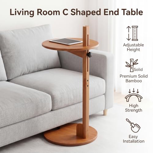 Bamboo Side Table for Sofa - Adjustable Height C Shaped End Tables for Small Spaces, Couch, Bedside, Living Room, 12.6x12.6x26 Inch TV Tray Round Stand for Drink, Snack, Coffee (Walnut) - color: Walnut Brown