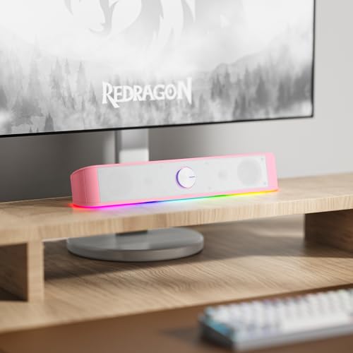Redragon GS560 RGB Desktop Soundbar, 2.0 Channel Computer Speaker with Dynamic Lighting Bar Audio-Light Sync/Display, Touch-Control Backlit with Volume Knob, USB Powered w/ 3.5mm Cable, Pink - color: Pink