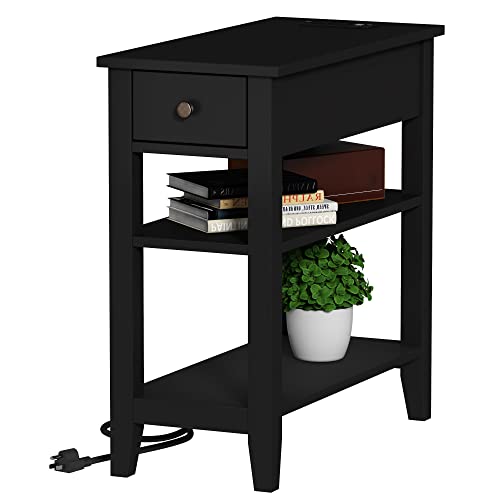 ChooChoo Narrow End Table with Charging Station, Side Table Living Room with USB Ports & Power Outlets and Hidden Drawer, 3-Tier Skinny Nightstand with 2 Open Storage Shelves for Small Place (Black) - color: Black