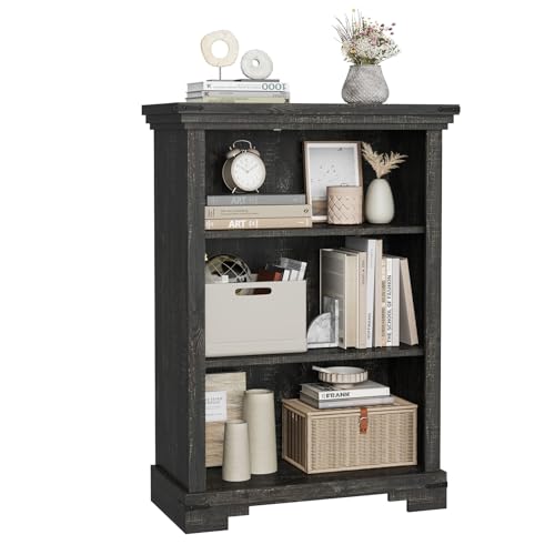 3-Tier Farmhouse Bookshelf, Book Shelf with Open Storage & One Adjustable Shelf, 9.8" D x 26" W x 38" H, Wooden Bookshelf for Study Room, Living Room, Kitchen, Bedroom (Black) - color: Black