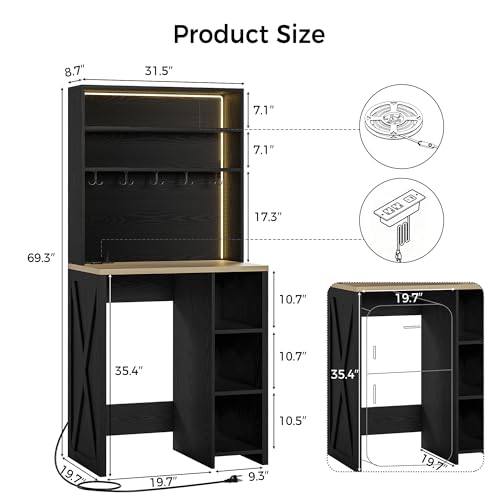 IRONCK Bakers Rack with Mini Fridge Space & Power Outlets, 69.3" Coffee Bar Station with LED Lights, 7-Tier Kitchen Microwave Stand with Hooks & Wooden Backboard, Space-Saving Utility Organizer, Black