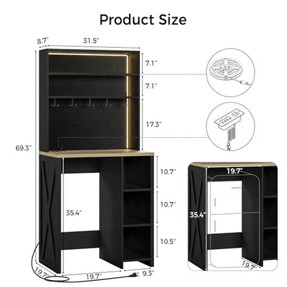 IRONCK Bakers Rack with Mini Fridge Space & Power Outlets, 69.3" Coffee Bar Station with LED Lights, 7-Tier Kitchen Microwave Stand with Hooks & Wooden Backboard, Space-Saving Utility Organizer, Black