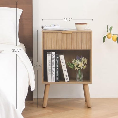 Fultyle Night Stand with Drawer, Mid Century Nightstand with Storage, Modern Fluted Bedside Table Bedroom Living Room for Small Space, Office (Rustic Walnut) - color: Rustic Walnut
