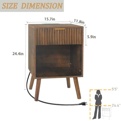 Fultyle Mid Century Modern Nightstand with Charging Station, Modern Bedside Table with Fluted Drawer and Storage Shelf, End Side Tables Living Room for Bedroom, Office (Rustic Brown) - color: Rustic Brown With Charging Station