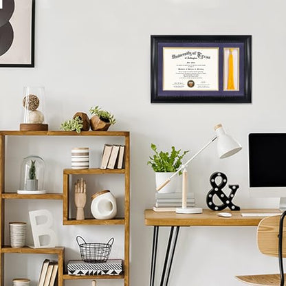 GMFrames 8.5x11 Diploma Frame with Tassel Holder, Solid Wood & Tempered Glass, Purple over Gold Mat, Black Finish with Intricate Black Rope Detail - color: Black / Purple Gold Mat, size: 11x17 for 8.5x11 with Tassel