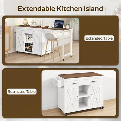 YATINEY Extendable Kitchen Island, Large Mobile Kitchen Storage Island, Rolling Kitchen Cart with Outlets, Island Table for Kitchen, White ZD03UWH - color: White +Walnut