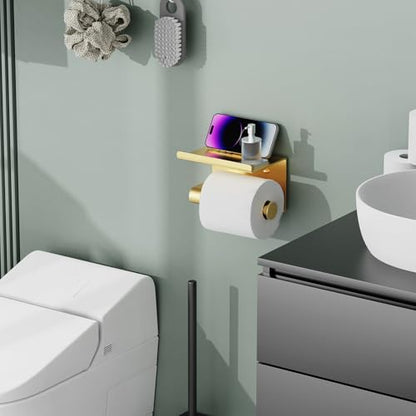 Bntuk Toilet Paper Holder with Phone Shelf Stainless Steel Wall Mounted Toilet Paper Roll Holder - Rustproof and Bathroom Washroom Tissue Roll Holder with Shelf - Gold - color: Gold