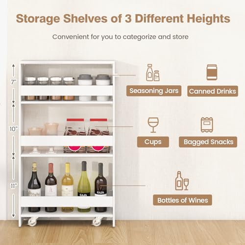 Slim Rolling Storage Cart, 4-Tier Kitchen Utility Carts on Wheels, Wood Shelving Unit Organizer Trolley with Handle, 5” Width Narrow Cart for Small Spaces, Laundry, Bathroom (White)