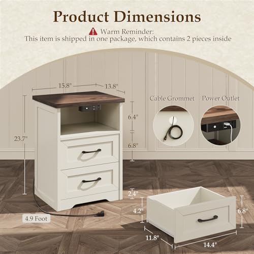 AODK Farmhouse Nightstand Set of 2, Bedside Tables with Charging Station & LED Lights, End Tables with Two Drawers and Open Storage, Rustic Bed Side Tables for Bedroom, Rustic White & Walnut - color: Rustic White & Dark Walnut