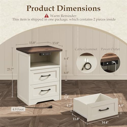 AODK Farmhouse Nightstand Set of 2, Bedside Tables with Charging Station & LED Lights, End Tables with Two Drawers and Open Storage, Rustic Bed Side Tables for Bedroom, Rustic White & Walnut - color: Rustic White & Dark Walnut