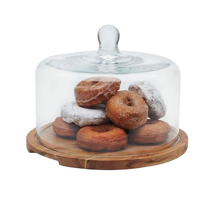 Libbey Acacia Wood Cake Stand with Lid, Ball Top Handle Cake Holder with Lid, Covered Pastry Holder, Durable Glass Dome Cover - color: Flat Round
