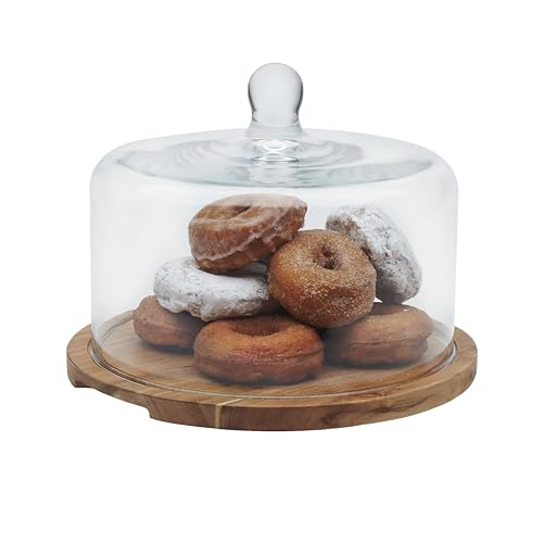 Libbey Acacia Wood Cake Stand with Lid, Ball Top Handle Cake Holder with Lid, Covered Pastry Holder, Durable Glass Dome Cover - color: Flat Round