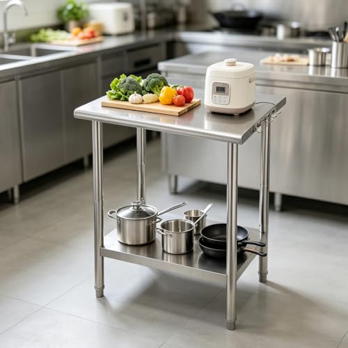 Garvee Stainless Steel Curved Edge Work Table 30 inch Double Layer, Heavy Duty Commercial Prep Table with Hook, 0.7mm Thick - size: 30*24*35inch