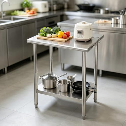 Garvee Stainless Steel Curved Edge Work Table 30 inch Double Layer, Heavy Duty Commercial Prep Table with Hook, 0.7mm Thick - size: 30*24*35inch