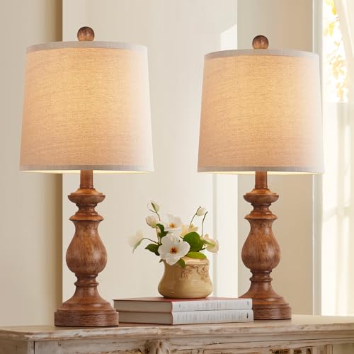 PARTPHONER Traditional Table Lamp Set of 2, Rustic Farmhouse Table Lamps for Living Room Bedroom, 22" Bedside Desk Lamps Vintage Nightstand Lamps with Linen Shades, Wood Grain - color: Wood Grain