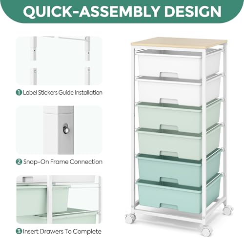 Rolling Storage Cart with 6 Drawers and Wooden Tabletop, Lockable Wheels Utility Cart for Art Studios, Office Supplies & Craft Room Organization (Green) - color: Green