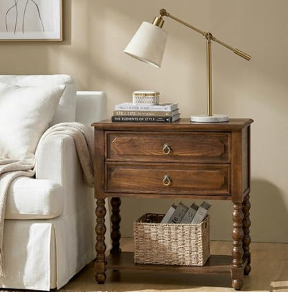 HULALA HOME Farmhouse End Table with Charging Station, 2PK Walnut | Open Shelf Storage, Drawer Organization, Spindle Legs, Solid Wood Details - color: Walnut
