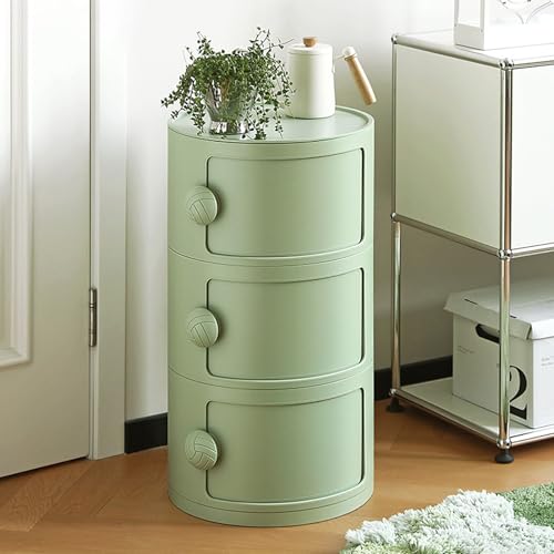3 Tier Round Nightstand with Drawers, Plastic Green Nightstand Modern Round Bedside Table with Handles and Sliding Door for Bedroom, Living Room - color: Green