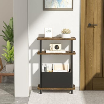 THUMEYE Narrow Side Table with Fabric Basket, 7" Wide, 3 Tier Skinny End Table with Wood Legs, Slim Nightstand/Bedside Table for Small Spaces, with Adjustable Feet, 15.7" L x 23" H - color: Rustic Brown