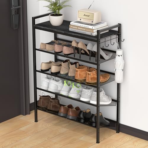 Shoe Rack for Front Door Entrance, 5 Tier Height-Adjustable Metal Shoe Rack , Sturdy Wooden Top and Tiltable Steel Frame Heavy Duty Shoe Organizer for Bathroom,Bedroom,Kitchen, Include Hook, Black - color: Black + Black, size: 5-Tier (11.8"D x 29.1"Wx 38.