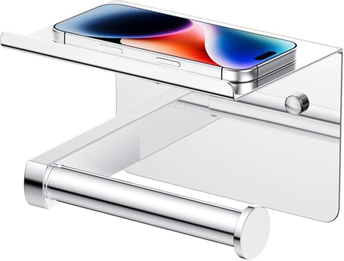 FORIOUS Toilet Paper Holder with Shelf, Adhesive or Screw Wall Mount Toilet Roll Holder for Bathroom, Rustproof 304 Stainless Steel Commercial Toilet Tissue Holder with Phone Shelf, Chrome - color: Chrome