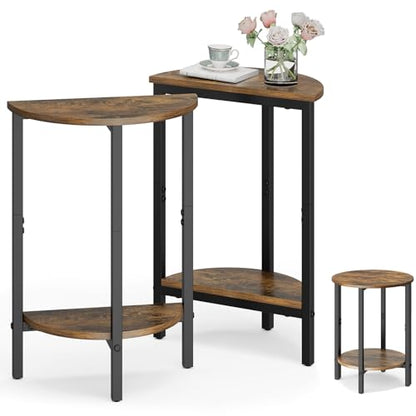 Vagusicc Side Table, Small Round End Table, Set of 2 Half Round Side Table for Living Room, 2 Tier Small Couch Side Tables, Round Coffee Table, Thin Accent Sofa Table Narrow Entryway Table, Brown - color: Rustic Brown