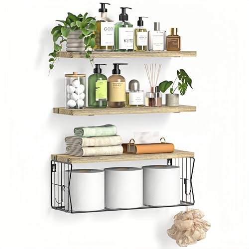 Floating Bathroom Shelves Wall Mounted - Wooden Shelf Set of 3 for Over Toilet Storage & Farmhouse Bathroom Decor - Perfect Shelving Organizer for Apartments RVs Powder Room Restroom - Wood - color: Wood