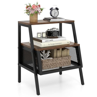 KOMFOTT Industrial Nightstand, 3-Tier End Table with 2 Open Shelves & Metal Mesh Compartment, Bedside Table with Heavy-Duty Metal Frame for Bedroom, Small Spaces, Rustic Brown (1)