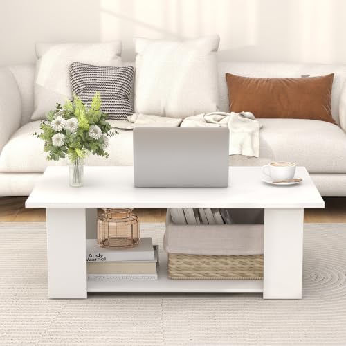 POWERSTONE 41 Inch 2-Tier Coffee Table with Storage Shelf, Wood Farmhouse Center Table with L Legs & Extra Bottom Support for Living Room, White - color: White