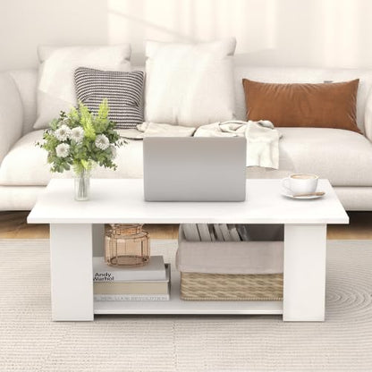 POWERSTONE 41 Inch 2-Tier Coffee Table with Storage Shelf, Wood Farmhouse Center Table with L Legs & Extra Bottom Support for Living Room, White - color: White