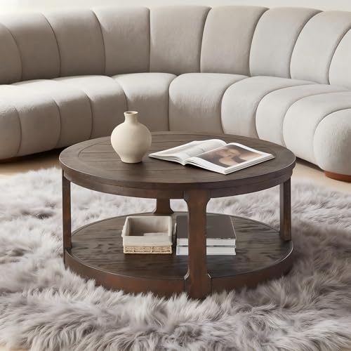 Coffee Table Round 40 inch for Living Room Modern 2-Tier Solid Wood Desktop Coffee Tables with Stroage Casters Circle Drum Tea Wooden Handcraft Home Furniture for Apartment Easy Assembly Brown - color: 40 Brown 2-tier