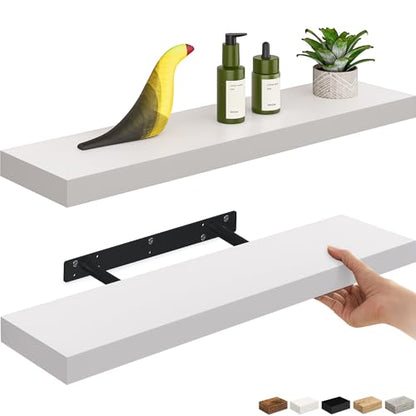 Ballucci Floating Shelves, 24" Wood Wall Shelf Set of 2, with Invisible Brackets for Bathroom, Living Room, Bedroom, Kitchen, Nursery, 6" Deep, White - color: White, size: 23.6 inches