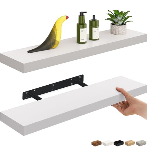 Ballucci Floating Shelves, 24" Wood Wall Shelf Set of 2, with Invisible Brackets for Bathroom, Living Room, Bedroom, Kitchen, Nursery, 6" Deep, White - color: White, size: 23.6 inches