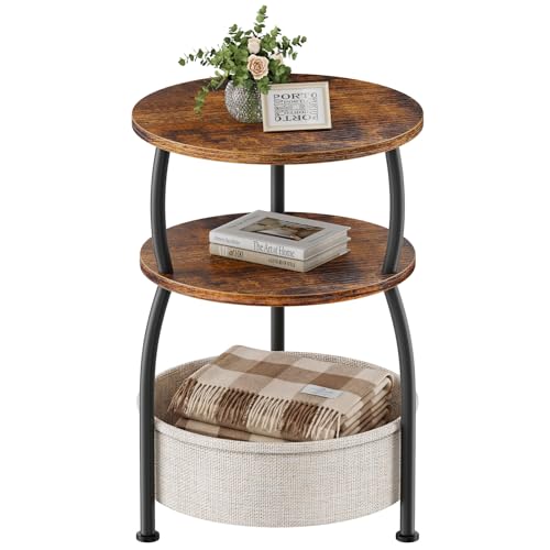 Round Side Table with Storage Basket for Living Room Rustic Brown | Small Table for Small Space 3-Tier Side Table for Bedroom, Garden, Sofa Couch Table Bedside Nightstand, Rustic Brown - color: Rustic Brown, size: 15.75" Dia