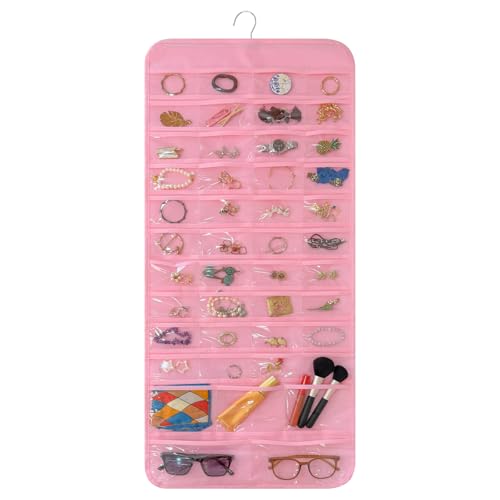 Bloss Pinck Hanging Jewelry Organizer With 90 Pockets for Closet, Earring Holder Organizer Storage, Over The Door Jewelry Organizer, Double-Sided Jewelry Holder for Earrings,Necklaces,Rings - color: Pink-L