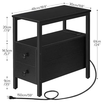 HOOBRO Set of 2 End Tables with Charging Station, Narrow Side Table with Drawers & USB Port & Power Outlets, Nightstand for Small Spaces, Living Room, Stable and Sturdy, Black BK541BZP201 - color: Black
