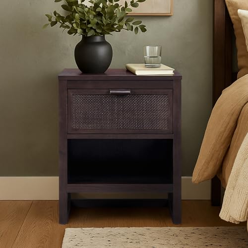 Teamson Home Hatteras 20" W Nightstand with 1 Deep Drawer and Open Shelf Storage in Coastal Modern Style, Ball Bearing Glides, Pine Wood Frames and MDF with Rattan, Espresso Finish | 1 Deep Drawer, Open Shelf Storage, Coastal Modern Style, Pine Wood & MDF
