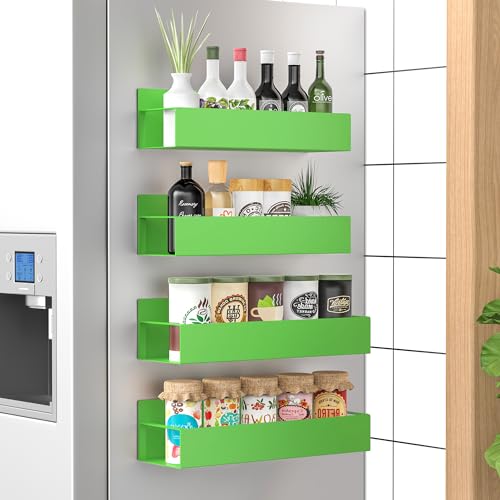 Metal Magnetic Spice Rack for Refrigerator Green, 4 Pack | Magnetic Shelves Heavy Duty for Fridge in Kitchen, Seasoning Storage Organizer, For Oven Washer and Dryer, For Heavier Items - color: Green, size: 4 Pack