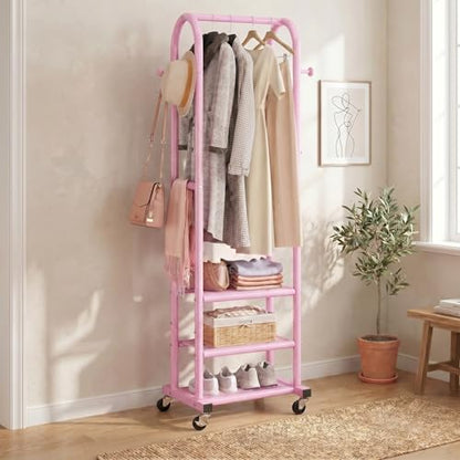 Dttwacoyh Clothing Rack with Wheels,Narrow Metal Garment Rack,Pink | Easy to install, 71.8 Inches Display Rack with 4 Side Hooks & 3 Shelves,for Small Flats, Bedroom, Entryway,Pink Clothes Rack - color: Pink