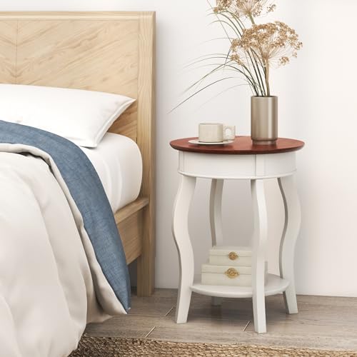 GOFLAME 2-Tier Round End Table, Compact Nightstand with Storage Shelf & Solid Wood Curved Legs, Accent Table, Mid-Century Sofa Side Tables for Living Room, Bedroom, Small Space, White