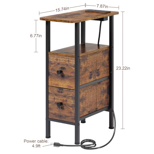 LOAKEKEL Narrow Nightstand with Charging Station, End Tables Living Room Set of 2, Skinny Side Table with Fabric Drawers, Slim Sofa Table for Bedroom, Small Spaces, Couch, Rustic Brown, HETNDP02PBR - color: Rustic Brown, style: Power